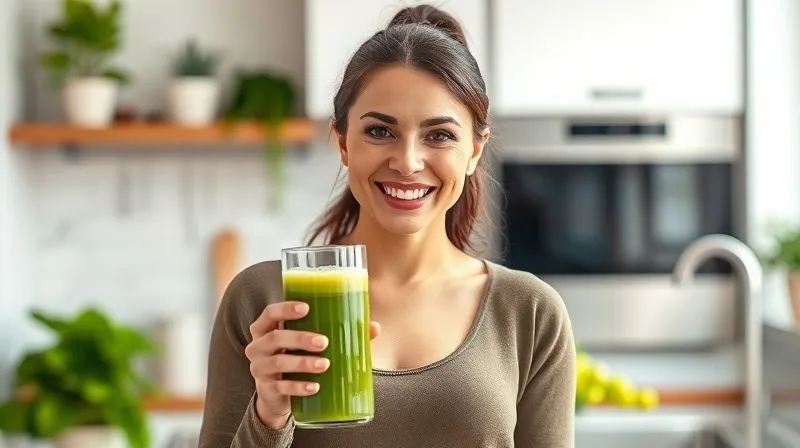 Photorealistic image of a woman smiling confidently, holding a glass of green juice, standing in a bright, modern kitchen. The image should convey vitality, health, and a sense of achievement, with soft, natural lighting, sharp focus on the woman and the juice, depth of field blurring the background, 8K, professional photography, before-and-after subtly implied by context.