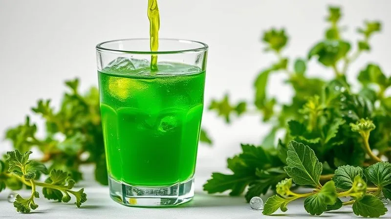 Photorealistic, professional photography, 8K, cinematic lighting, sharp focus, depth of field, shot on a high-end DSLR, of a vibrant green liquid flowing into a clear glass, surrounded by fresh herbs and water droplets, symbolizing purification and natural detox. The background is clean and bright, enhancing the sense of freshness and cleansing.