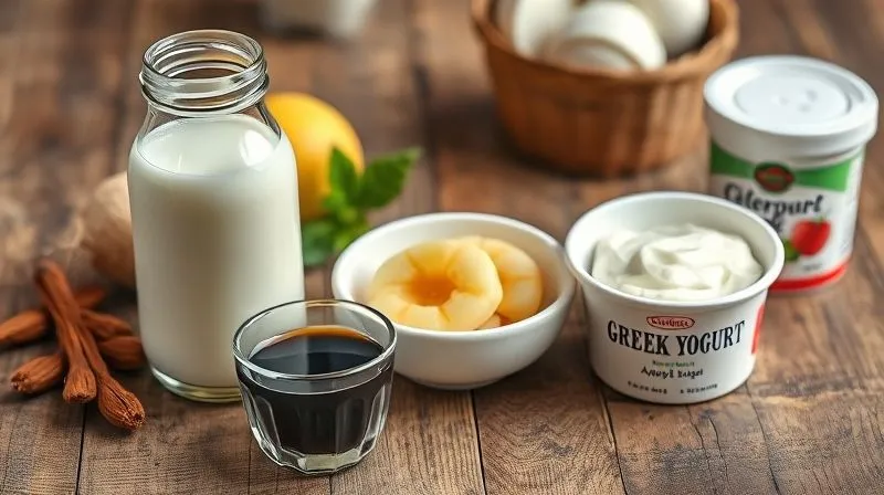 A photorealistic still life of various liquid ingredients for baking: almond milk, black coffee in a small cup, unsweetened apple sauce in a bowl, and Greek yogurt, arranged on a rustic wooden table with soft, natural light. Sharp focus, depth of field, 8K, shot on a high-end DSLR.