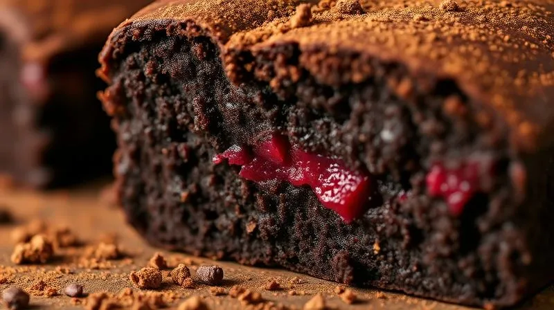 Photorealistic close-up of a perfectly baked, dark chocolate protein brownie with a subtle red hue visible in the cross-section, suggesting beetroot. Garnished with a light dusting of cocoa powder. Cinematic lighting, sharp focus on the texture, 8K, shot on a high-end DSLR.