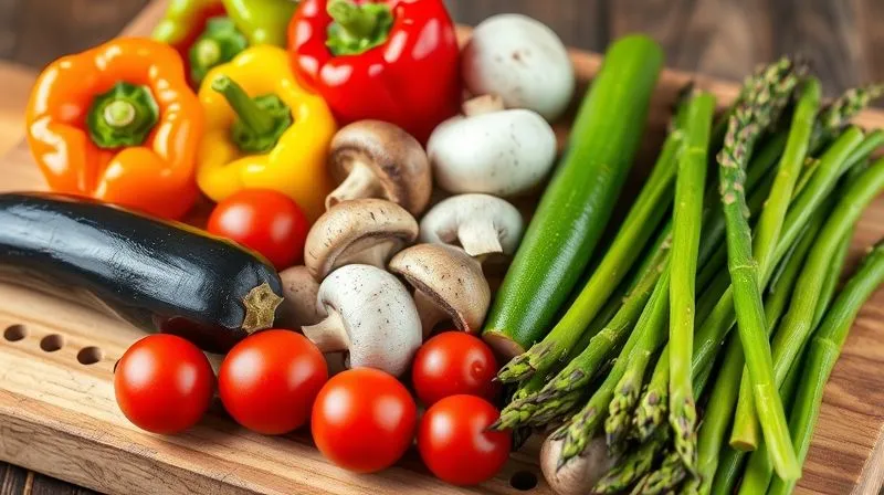A close-up, photorealistic, professional photography, 8K, cinematic lighting, sharp focus, depth of field, shot on a high-end DSLR, of a vibrant and diverse selection of fresh, raw vegetables ready for grilling. Include colorful bell peppers, green zucchini, purple eggplant, white mushrooms, red cherry tomatoes, and slender green asparagus spears, all neatly arranged on a rustic wooden cutting board. The lighting highlights their natural textures and vivid colors, suggesting freshness and healthy eating.