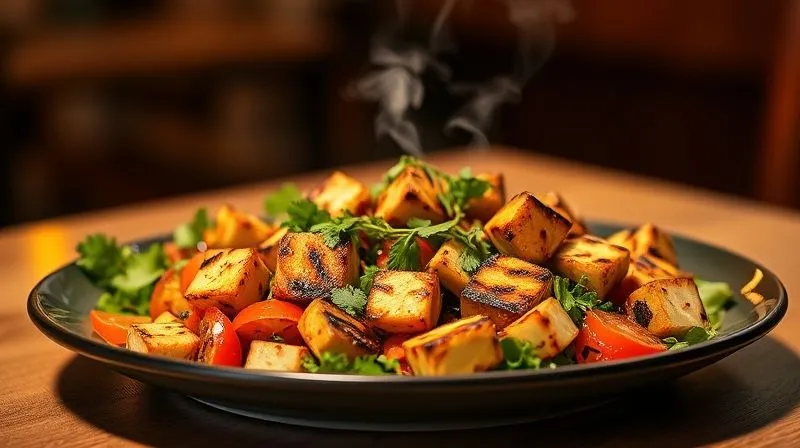 A photorealistic, professional photography, 8K, cinematic lighting, sharp focus, depth of field, shot on a high-end DSLR, of a vibrant and perfectly plated grilled vegetable salad with a generous portion of grilled tofu cubes, sprinkled with fresh herbs. The dish is presented on a modern, minimalist plate, with a subtle steam rising from the warm vegetables, emphasizing freshness and a balanced, healthy meal. The background is a soft, warm blur, suggesting a cozy evening setting.