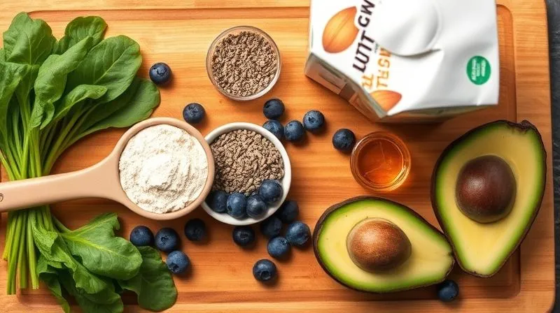 A photorealistic shot of various healthy ingredients for a protein shake laid out on a wooden cutting board: protein powder scoop, fresh spinach, blueberries, chia seeds, almond milk carton, and half an avocado, all in warm, natural light, sharp focus on ingredients.