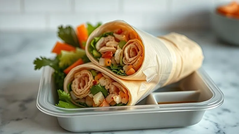 A photorealistic, professional photography, 8K, cinematic lighting, sharp focus, depth of field, shot on a high-end DSLR image of a perfectly rolled tuna tortilla wrap, tightly wrapped first in parchment paper, then in clear plastic wrap, placed neatly into a bento-style lunchbox with separate compartments. The background is a clean, modern kitchen counter. The image conveys organization and freshness.