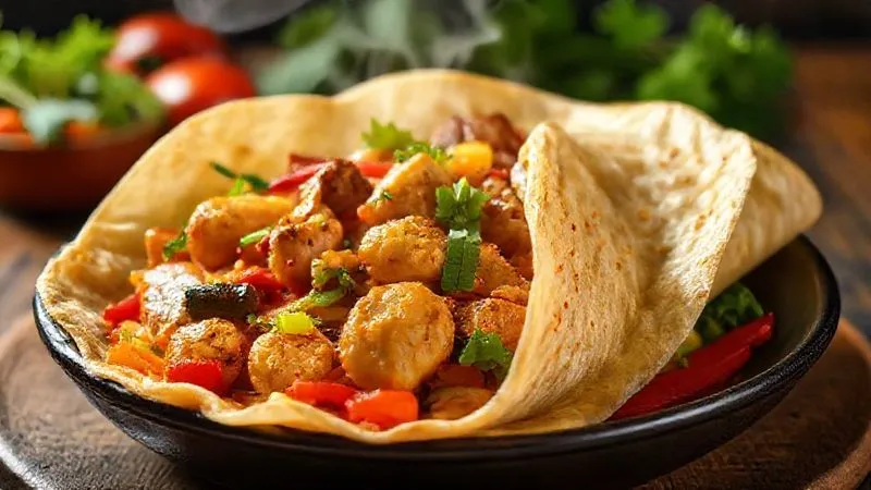 A photorealistic image of a vibrant, colorful Asian-style vegetable stir-fry with chicken, ready to be wrapped in a tortilla. The vegetables are crisp and glossy, with steam gently rising. Cinematic lighting, sharp focus, 8K, high-end DSLR.