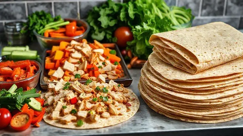 A photorealistic image of a neatly organized meal prep station with colorful chopped vegetables, pre-cooked chicken strips, and whole wheat tortillas stacked, ready for assembly. Professional photography, sharp focus, 8K, cinematic lighting, high-end DSLR.