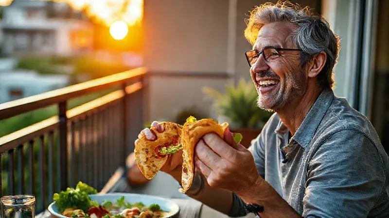 A photorealistic image of a happy, healthy person enjoying a light dinner outdoors, possibly on a balcony or patio, with a vibrant vegetable tortilla in hand. The setting sun casts a warm, golden glow. Emphasizes feelings of well-being and satisfaction. 8K, cinematic lighting, high-end DSLR.