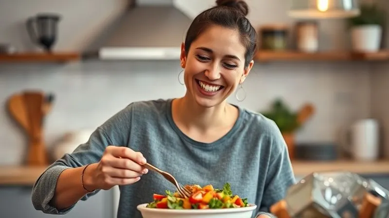 Photorealistic, professional photography of a person smiling and feeling full after eating a healthy meal, with a subtle glow around their stomach area indicating satiety. Cinematic lighting, sharp focus on the person's happy expression, depth of field blurring a kitchen background. 8K hyper-detailed, shot on a high-end DSLR, conveying a sense of satisfaction and health.