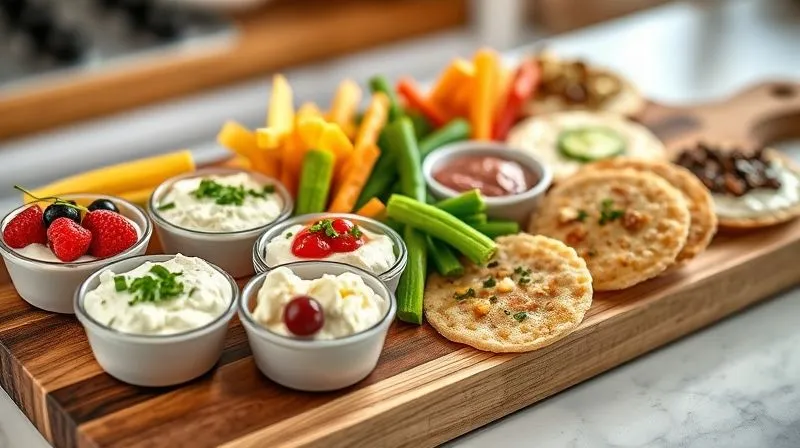 Photorealistic, professional photography of a collection of healthy protein snacks arranged aesthetically on a wooden board. The snacks include small bowls of cottage cheese with different toppings (berries, chives), vegetable sticks with a dip, and rice cakes with spreads. Cinematic lighting, sharp focus on the food, depth of field blurring a clean kitchen background. 8K hyper-detailed, shot on a high-end DSLR, conveying freshness and convenience.