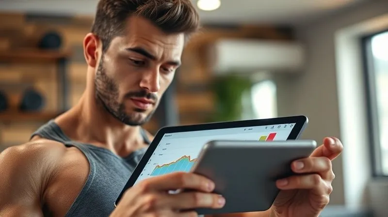 Photorealistic, professional photography of a person tracking their fitness progress on a tablet, with a stylized graph showing a downward trend in weight and an upward trend in muscle mass. The person is looking determined and focused. Cinematic lighting, sharp focus on the tablet and the person's face, depth of field blurring a home gym background. 8K hyper-detailed, shot on a high-end DSLR, conveying motivation and analytical approach to fitness.