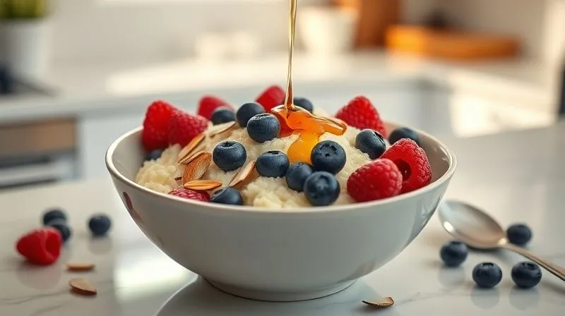 A photorealistic, professional photography, 8K, cinematic lighting, sharp focus, depth of field, shot on a high-end DSLR image of a perfectly composed, vibrant breakfast bowl featuring protein-rich cottage cheese, fresh berries (blueberries, raspberries), sliced almonds, and a drizzle of honey, set on a clean, minimalist kitchen counter with soft, natural morning light. The food looks appealing and healthy.