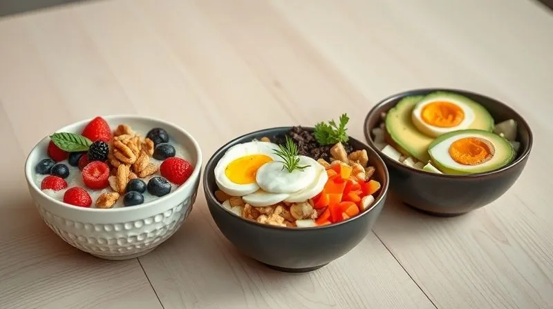 A photorealistic, professional photography, 8K, cinematic lighting, sharp focus, depth of field, shot on a high-end DSLR image showcasing three distinct, beautifully presented breakfast bowls of protein cottage cheese. One is sweet with berries and nuts, another is savory with chopped vegetables and herbs, and the third is a "power bowl" with avocado and a sliced hard-boiled egg. All bowls are arranged artfully on a light wooden table, bathed in soft, inviting light, emphasizing freshness and variety.