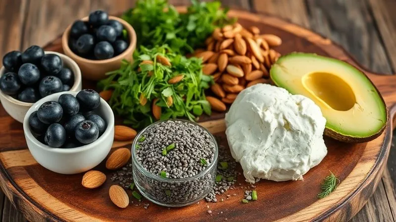 A photorealistic, professional photography, 8K, cinematic lighting, sharp focus, depth of field, shot on a high-end DSLR image displaying a beautifully arranged selection of healthy toppings for cottage cheese. This includes a small bowl of fresh blueberries, another with sliced almonds, a pile of chopped fresh dill and chives, a neatly sliced avocado, and a small container of chia seeds. The items are neatly organized on a rustic wooden board, emphasizing natural freshness and variety.