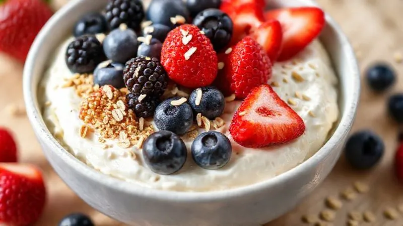 A vibrant, photorealistic bowl of protein cottage cheese, generously topped with a colorful array of fresh berries (raspberries, blueberries, sliced strawberries), a sprinkle of golden oats, and chia seeds. The texture of the cottage cheese is creamy, and the toppings are perfectly arranged, suggesting a healthy and delicious meal. Shot from a slightly elevated angle, with soft, diffused natural light. professional photography, 8K, cinematic lighting, sharp focus, depth of field, shot on a high-end DSLR.