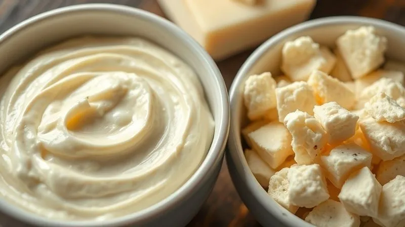 Photorealistic, professional photography, 8K, cinematic lighting, sharp focus, depth of field, shot on a high-end DSLR. A close-up of two bowls of cottage cheese. One bowl contains a creamy, bland, ultra-low-fat cottage cheese with a slightly artificial sheen. The other bowl features a natural, slightly lumpy full-fat cottage cheese with a rich texture, perhaps a few drops of natural whey visible. The lighting emphasizes the difference in quality and naturalness.