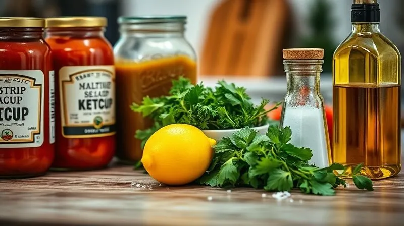 Photorealistic, professional photography, 8K, cinematic lighting, sharp focus, depth of field, shot on a high-end DSLR. A close-up of a table with common kitchen condiments. One side shows jars of processed sauces (ketchup, salad dressing) with blurred, slightly ominous labels suggesting hidden ingredients. The other side displays fresh herbs, a lemon, a bottle of quality olive oil, and a salt shaker, all brightly lit and in sharp focus, conveying health and naturalness.