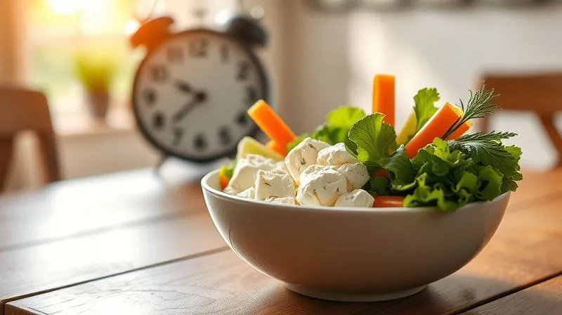 Photorealistic, professional photography, 8K, cinematic lighting, sharp focus, depth of field, shot on a high-end DSLR. A warm, inviting breakfast scene with a bowl of cottage cheese and fresh vegetables on a wooden table, bathed in soft morning light. A clock in the background, slightly out of focus, shows an early morning hour, emphasizing the ideal timing for a metabolism-boosting breakfast. The overall mood is fresh, energetic, and serene.
