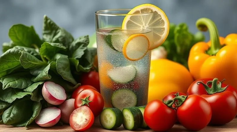 Photorealistic, professional photography, 8K, cinematic lighting, sharp focus, depth of field, shot on a high-end DSLR. A vibrant, colorful array of fresh, raw vegetables (spinach, bell peppers, radishes, cucumbers, cherry tomatoes) arranged artfully around a glass of clear water with a lemon slice, emphasizing freshness, hydration, and nutritional richness. The background is softly blurred, highlighting the produce.