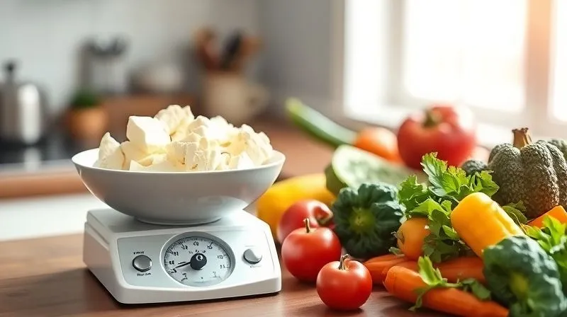 Photorealistic image of a kitchen scale with a bowl of low-fat cottage cheese on it, showing a precise weight measurement, with a vibrant mix of fresh vegetables next to it. Soft morning light, sharp focus on the scale and food, depth of field blurring the background. Emphasizes precision and balance in nutrition.