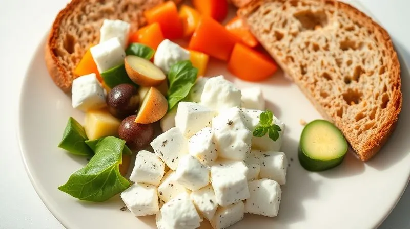 Photorealistic image of a balanced breakfast plate with a bowl of cottage cheese and vegetables, a slice of whole-grain bread, and a small portion of healthy fats like avocado or seeds. The composition highlights nutritional balance, with clear separation of components. Bright, natural light, sharp focus, inviting and healthy aesthetic.