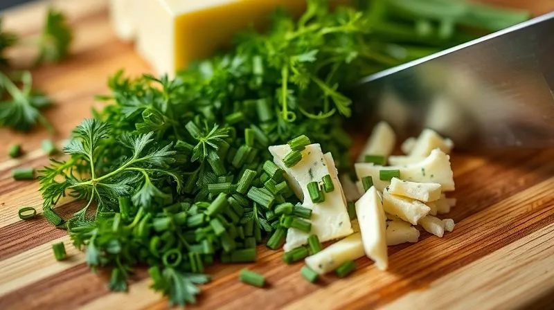 A close-up, photorealistic, professional photography, 8K, cinematic lighting, sharp focus, depth of field, shot on a high-end DSLR, of fresh, vibrant green herbs (dill, chives, parsley) being chopped on a wooden board, with a block of low-fat cottage cheese in the background, emphasizing healthy and natural ingredients for a diet.