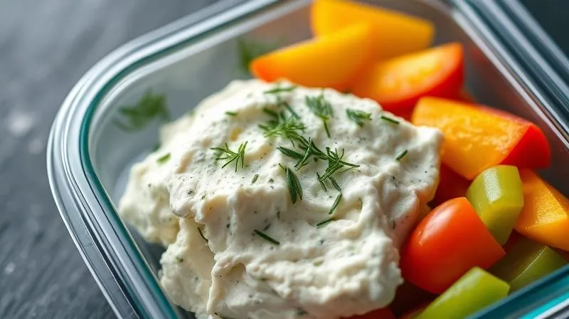 A vibrant, photorealistic, professional photography, 8K, cinematic lighting, sharp focus, depth of field, shot on a high-end DSLR, of a beautifully prepared herbal cottage cheese with fresh dill and chives, served in a glass lunchbox container, surrounded by colorful cut vegetables like bell peppers and cherry tomatoes, ready for a healthy meal at work.