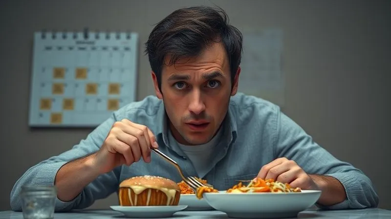 A person looking frustrated while eating the same meal repeatedly, with a calendar showing identical meals for several days. Professional photography, 8K, cinematic lighting, sharp focus, depth of field, shot on a high-end DSLR, conveying monotony and lack of progress.