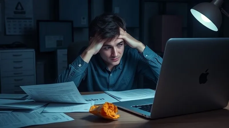 A person sitting at a desk late at night, surrounded by work documents, looking tired and stressed, with a half-eaten snack next to a laptop. Cinematic lighting, professional photography, 8K, sharp focus, depth of field, shot on a high-end DSLR, emphasizing the negative impact of stress and lack of sleep on health and diet.