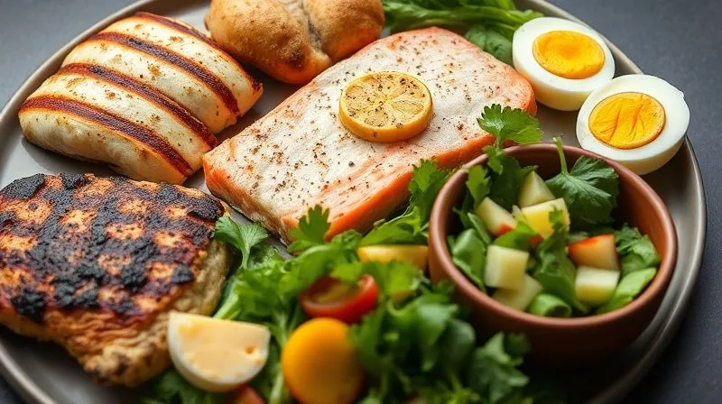 A vibrant, professional flat lay photograph of various low-carb protein sources: grilled chicken breast, baked salmon fillet, hard-boiled eggs, a small portion of aged cheddar cheese, and a bowl of mixed green salad. Cinematic lighting, sharp focus, depth of field, 8K, shot on a high-end DSLR, emphasizing variety and healthy eating.