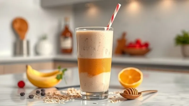Photorealistic, professional photography, 8K, cinematic lighting, sharp focus, depth of field, shot on a high-end DSLR. A vibrant, fresh oatmeal smoothie in an elegant glass, with a hidden layer of high-calorie ingredients like condensed milk and a spoonful of honey subtly blended in, representing the trap of hidden calories. The background is a clean, modern kitchen counter.