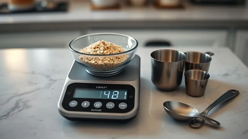 Photorealistic, professional photography, 8K, cinematic lighting, sharp focus, depth of field, shot on a high-end DSLR. A kitchen counter with a high-end digital food scale accurately measuring a scoop of oatmeal, next to it are measuring cups and spoons. The scene emphasizes precision and control in preparing food.