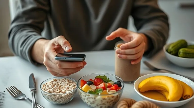 Photorealistic, professional photography, 8K, cinematic lighting, sharp focus, depth of field, shot on a high-end DSLR. A person meticulously logging their food intake into a modern smartphone app, with a fresh oatmeal smoothie and other healthy meal components laid out on a clean kitchen table. The scene emphasizes mindful eating and tracking for weight loss.