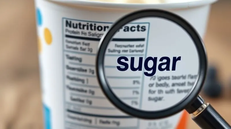 Photorealistic close-up of a food label on a protein yogurt cup, with a magnifying glass highlighting the "sugar" content in the nutritional facts and ingredient list. Cinematic lighting, sharp focus, depth of field, 8K, professional photography, shot on a high-end DSLR.