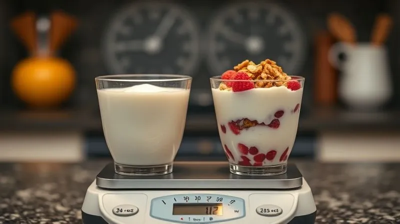 Photorealistic comparison image of two yogurt cups on a kitchen scale: one plain, low-fat protein yogurt and another, richer-looking protein yogurt with fruit and granola, with calorie numbers subtly displayed next to each. Cinematic lighting, sharp focus, depth of field, 8K, professional photography, shot on a high-end DSLR.
