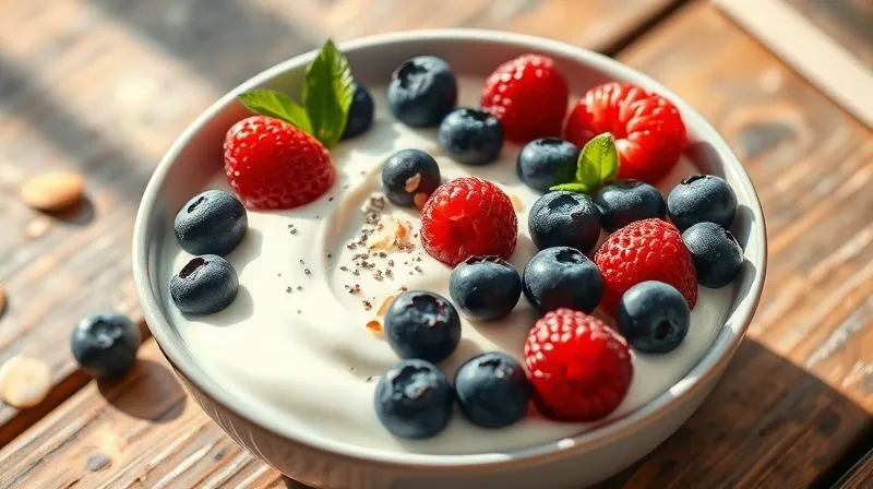 Photorealistic, vibrant image of a beautifully arranged breakfast bowl: creamy natural protein yogurt topped with fresh blueberries, raspberries, a sprinkle of chia seeds, and a few almond flakes. The bowl is on a rustic wooden table with soft morning light. Cinematic lighting, sharp focus, depth of field, 8K, professional photography, shot on a high-end DSLR.
