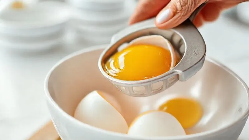 photorealistic, professional photography, 8K, cinematic lighting, sharp focus, depth of field, shot on a high-end DSLR, a close-up of egg whites being carefully separated from yolks using egg separator, with pristine white bowls, clean kitchen background.
