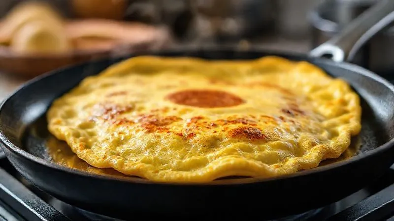 photorealistic, professional photography, 8K, cinematic lighting, sharp focus, depth of field, shot on a high-end DSLR, a perfectly cooked, golden-brown protein omelet, fluffy and light, on a non-stick pan, steam gently rising, kitchen background, focus on the texture of the omelet.
