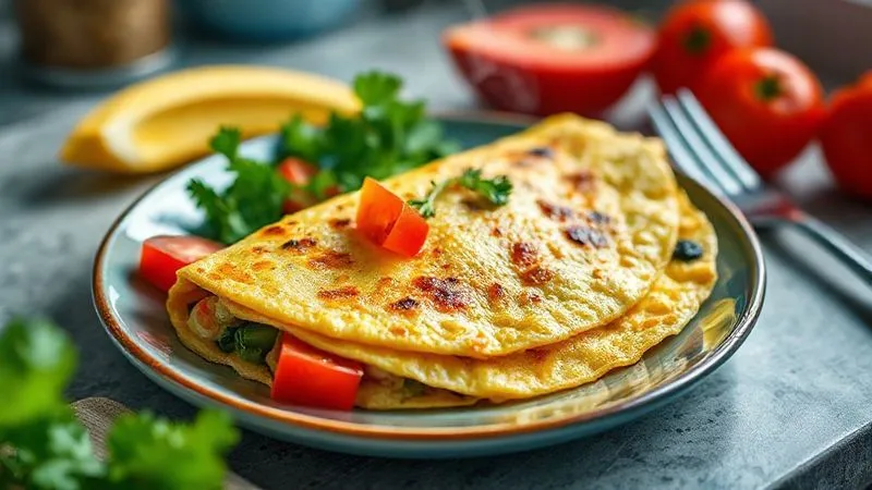 photorealistic, professional photography, 8K, cinematic lighting, sharp focus, depth of field, shot on a high-end DSLR, a vibrant plate of a delicious, low-fat protein omelet filled with fresh colorful vegetables, steam gently rising, healthy breakfast, ready to be eaten.
