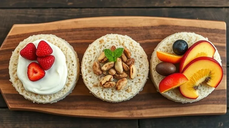A close-up, top-down shot of three different types of healthy rice cakes on a rustic wooden board, each garnished distinctly with colorful, fresh ingredients: one with berries and yogurt, one with nuts and chocolate, and one with exotic fruit. Photorealistic, professional photography, 8K, soft natural lighting, sharp focus, shallow depth of field. Appetizing and diverse.