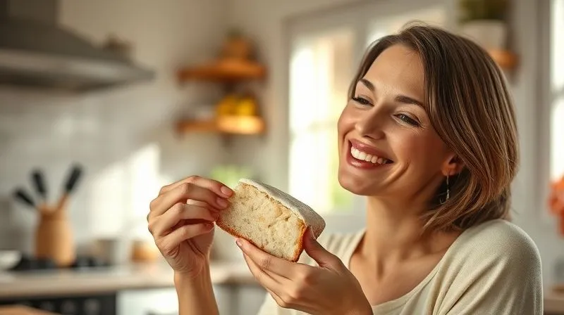 A serene and happy woman, smiling gently, enjoying a healthy rice cake in a sunlit kitchen. The image conveys a sense of peace, health, and satisfaction. Photorealistic, professional photography, 8K, soft, warm cinematic lighting, sharp focus on the woman's face and the rice cake, depth of field blurring the background. Emphasizes well-being.