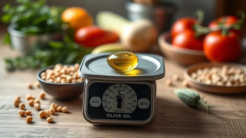 Photorealistic image of a kitchen scale weighing a small amount of olive oil, with a blurred background of fresh vegetables and chickpeas, emphasizing the calorie density of oil. Cinematic lighting, sharp focus on the scale, depth of field, 8K hyper-detailed, shot on a high-end DSLR.