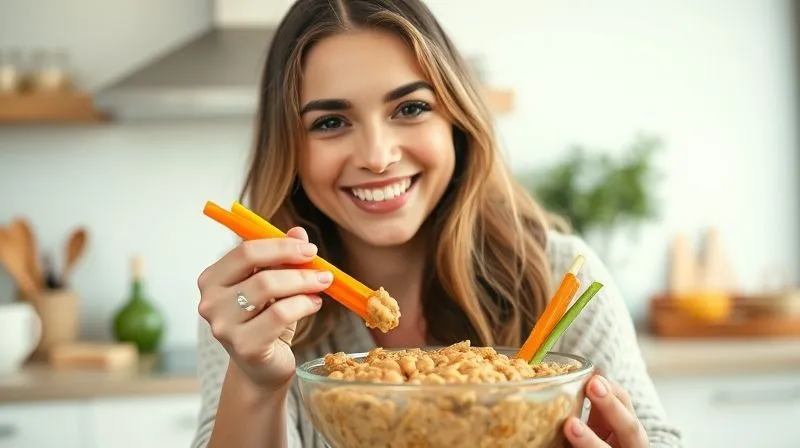 Photorealistic image of a woman happily dipping colorful vegetable sticks into a bowl of oil-free chickpea paste, with a bright, clean kitchen background. She has a radiant, healthy smile, emphasizing satisfaction and healthy eating. Cinematic lighting, sharp focus on the woman and food, depth of field, 8K hyper-detailed, shot on a high-end DSLR.