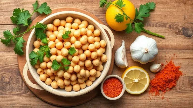 Photorealistic flat lay of fresh ingredients for oil-free chickpea paste: a bowl of cooked chickpeas, fresh parsley, lemons, garlic cloves, cumin seeds, and paprika powder, arranged aesthetically on a rustic wooden board. Cinematic lighting, sharp focus, depth of field, 8K hyper-detailed, shot on a high-end DSLR.