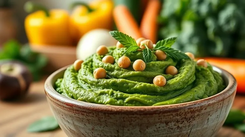 Photorealistic image of a vibrant green vegan chickpea paste in a rustic bowl, blended with spinach and zucchini, garnished with fresh herbs and a few whole chickpeas. The background features a blurred kitchen counter with fresh, colorful vegetables like bell peppers, carrots, and broccoli, suggesting healthy ingredients. Cinematic lighting, sharp focus on the paste, depth of field, 8K hyper-detailed, professional photography, shot on a high-end DSLR.