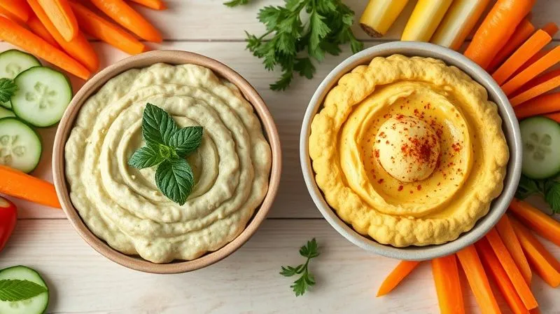 Photorealistic image of two different vegan chickpea paste bowls on a light wooden table. One is a light green cukiniowo-ciecierzycowa paste with mint, garnished with fresh mint leaves. The other is a golden yellow hummus with roasted cauliflower and turmeric, garnished with a sprinkle of paprika. Both bowls are surrounded by colorful, crunchy raw vegetables like carrot sticks, cucumber slices, and bell pepper strips, perfect for dipping. Soft, natural light, sharp focus on the food, depth of field, 8K hyper-detailed, professional photography, shot on a high-end DSLR.