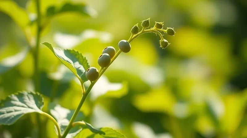A close-up, photorealistic image of a single chickpea plant with vibrant green leaves and pods, bathed in soft morning sunlight. The focus is sharp on the healthy, thriving plant, with a shallow depth of field blurring a serene, minimalist background. 8K hyper-detailed, professional photography, shot on a high-end DSLR, conveying a sense of natural health and vitality.