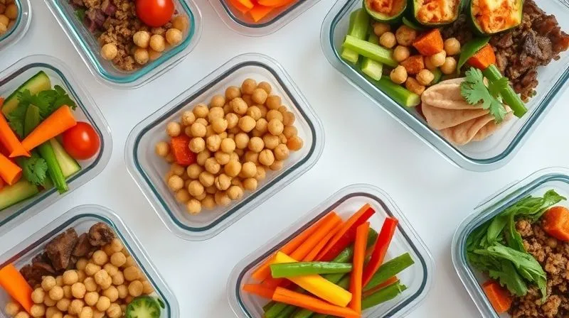 A photorealistic top-down view of a neatly organized meal prep station. Various small, clear containers are filled with colorful, healthy vegan food, including a portion of chickpea spread with vegetable sticks. The scene is clean, bright, and well-lit, conveying a sense of planning, order, and healthy living. 8K hyper-detailed, professional photography, shot on a high-end DSLR, sharp focus on the meal prep containers, depth of field blurring the background.