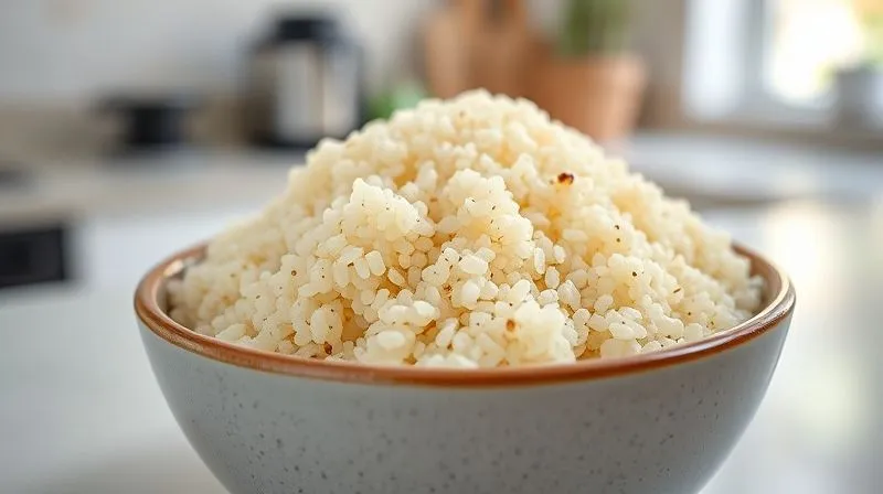 A close-up photorealistic image of perfectly cooked, fluffy quinoa in a small ceramic bowl, steaming gently, with individual grains clearly separated. The background shows a modern, clean kitchen counter with soft, natural light, 8K hyper-detailed, professional photography, shot on a high-end DSLR.