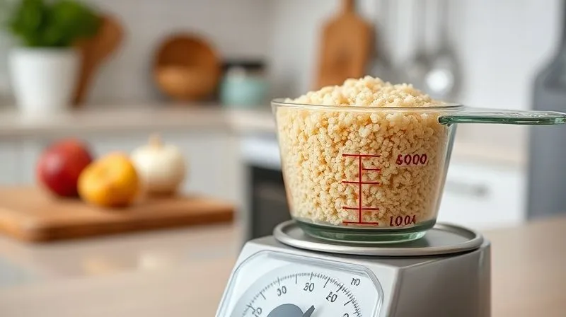 A close-up photorealistic image of a measuring cup filled with cooked quinoa, resting on a kitchen scale, emphasizing portion control. The background is a clean, minimalist kitchen setting with soft, diffused light, 8K hyper-detailed, professional photography, shot on a high-end DSLR.