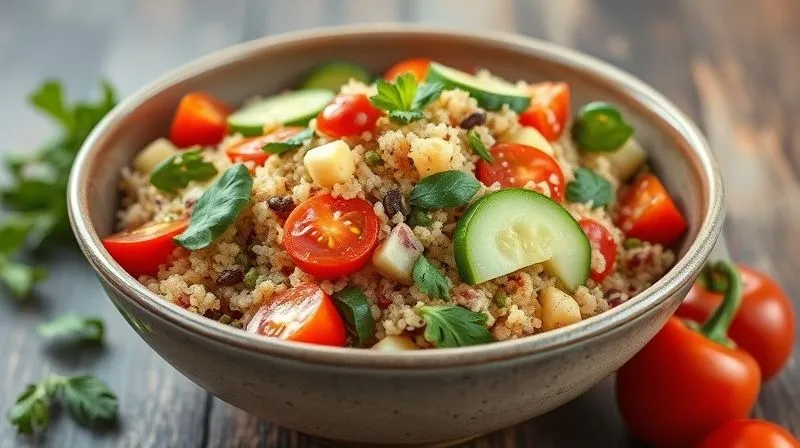 A vibrant, photorealistic image of a freshly prepared vegan quinoa salad in a modern, ceramic bowl, abundant with colorful vegetables like cherry tomatoes, cucumber, bell peppers, and fresh herbs. The presentation is artful and appetizing, bathed in soft, natural light, 8K hyper-detailed, professional photography, shot on a high-end DSLR.